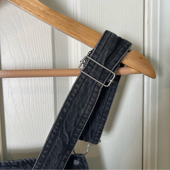 Free People Black Denim Distressed Hem Overall Mini Dress | Size 12 - Picture 3 of 10